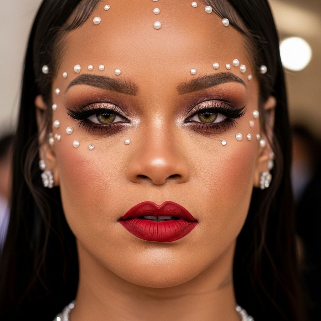 Unveiling every product, technique, and inspiration behind Rihanna’s dramatic Met Gala 2023 makeup, from iconic lips to shimmering eyes.