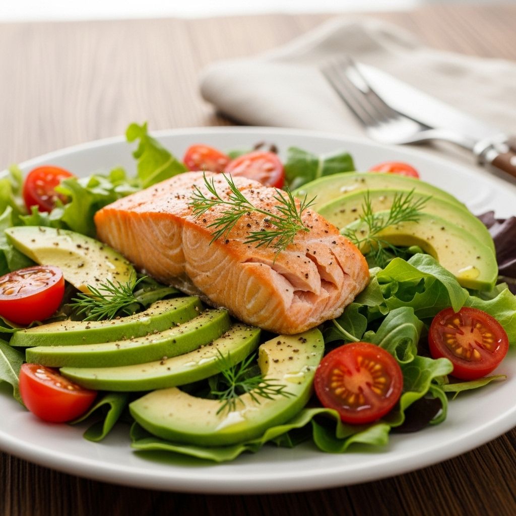 Savor the vibrant flavors of heart-healthy salmon, creamy avocado, and juicy tomatoes in this nutritious and simple salad.