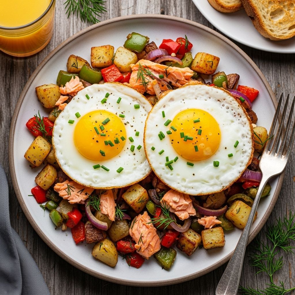 Transform a simple breakfast into a feast with this protein-rich salmon hash, crowned with perfectly cooked sunny-side up eggs.
