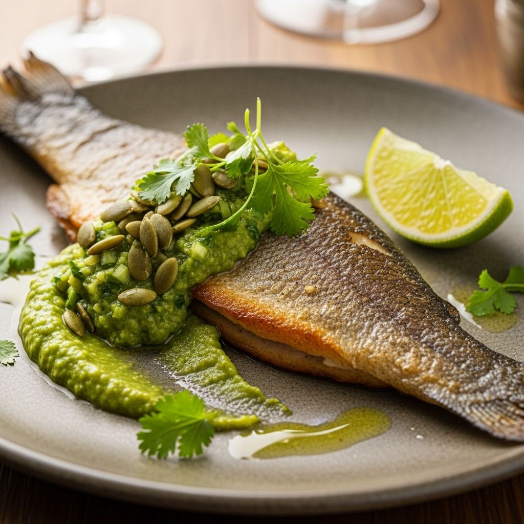 Brighten your dinner routine with this heart-healthy trout recipe topped with vibrant green pumpkin seed salsa.