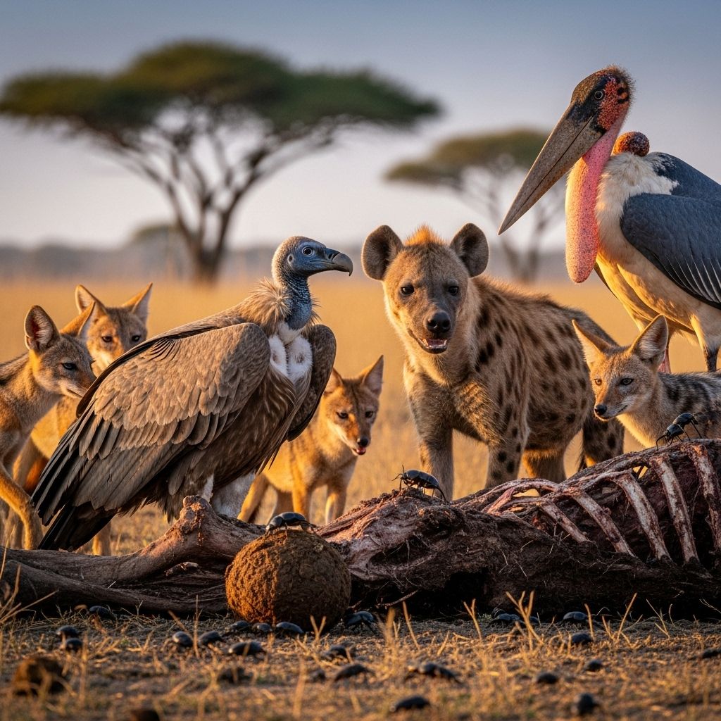 Scavenger animals maintain ecosystem health by recycling nutrients, preventing disease, and balancing food webs.