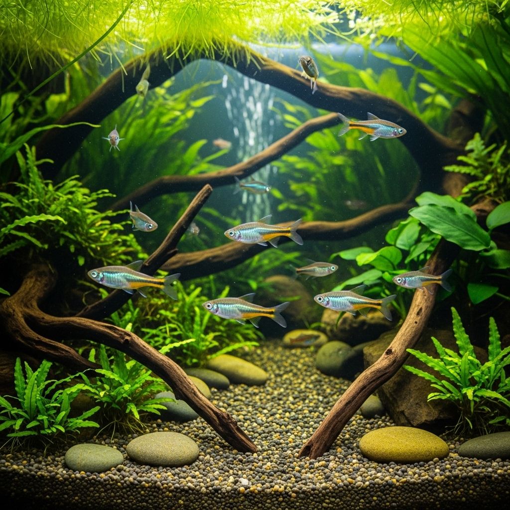 A harmonious shoal thrives when water clarity and subtle decor highlight natural movement.