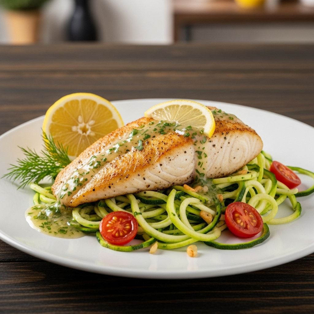 Experience a light, nutritious dinner with quick-cooking seared tilapia served over roasted spiralized zucchini, brightened with lemon, garlic, and capers.