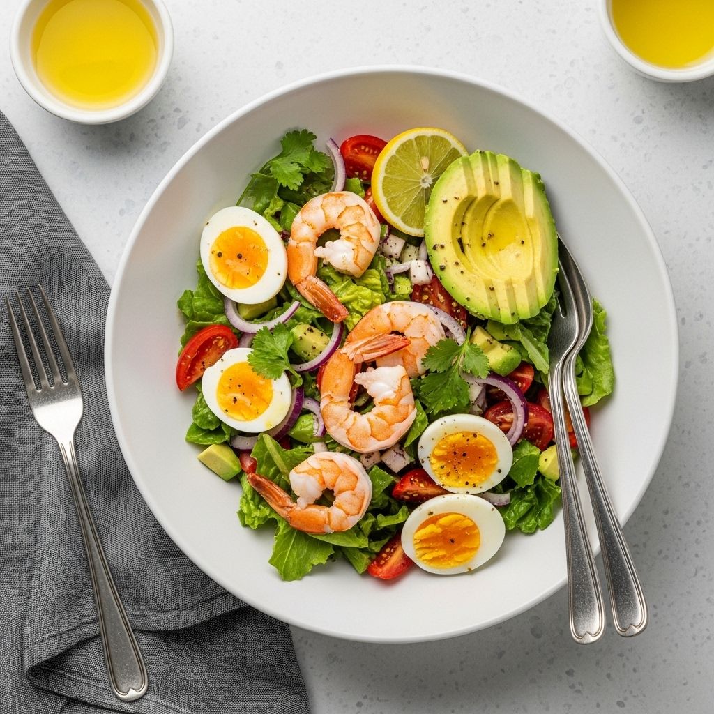 This protein-rich chopped salad with shrimp, avocado, and hard-boiled eggs is your ticket to a fast, nutritious, and flavorful lunch or dinner.