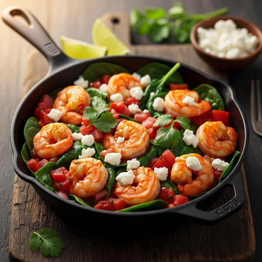 Enjoy a fast, nutritious, and colorful skillet dinner featuring shrimp, salsa, fresh spinach, and tangy feta, ready in just minutes.