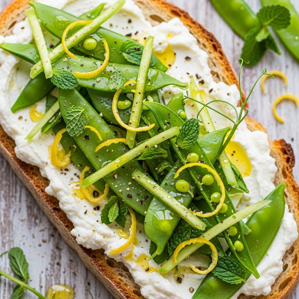 Discover the perfect balance of creamy ricotta and crisp snow peas in this elegant toast recipe