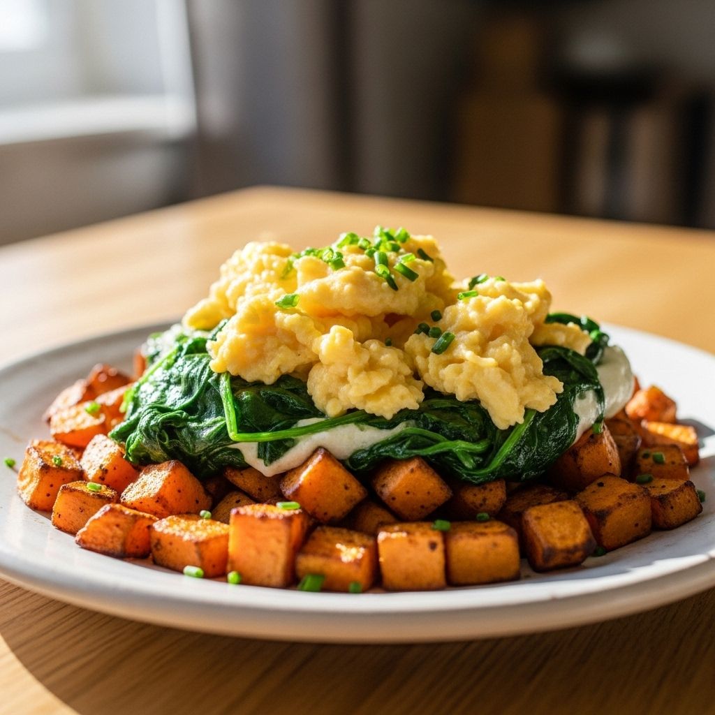 Discover the ultimate protein-packed breakfast: creamy eggs with spinach atop golden roasted sweet potatoes.