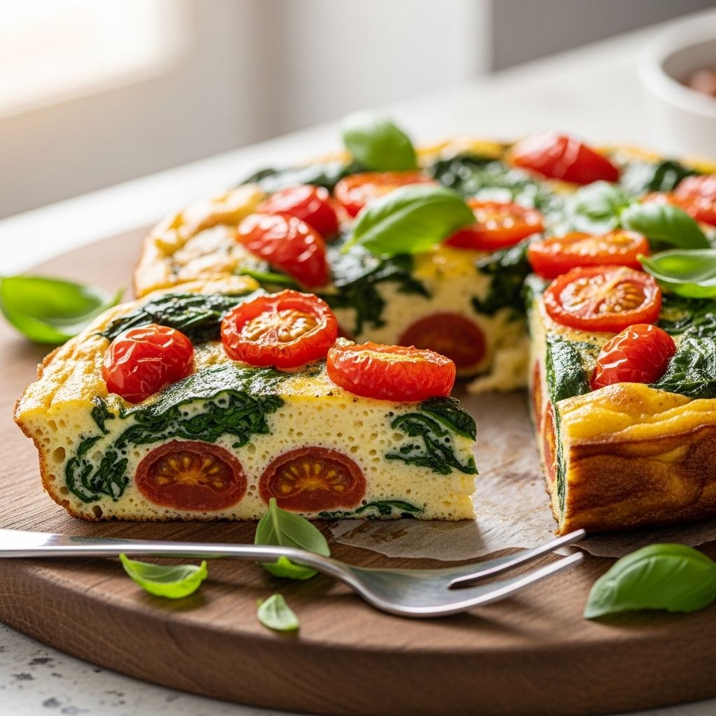 Brighten your morning with this protein-rich spinach and tomato frittata, ready in just 15 minutes and perfect for any meal of the day.