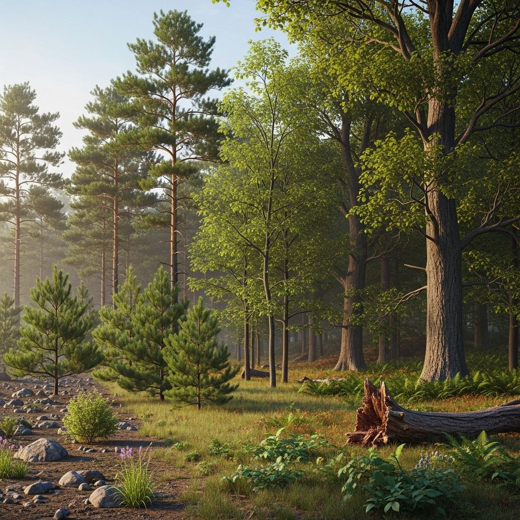 Explore how forests regenerate through distinct successional stages, from bare ground to old-growth ecosystems.