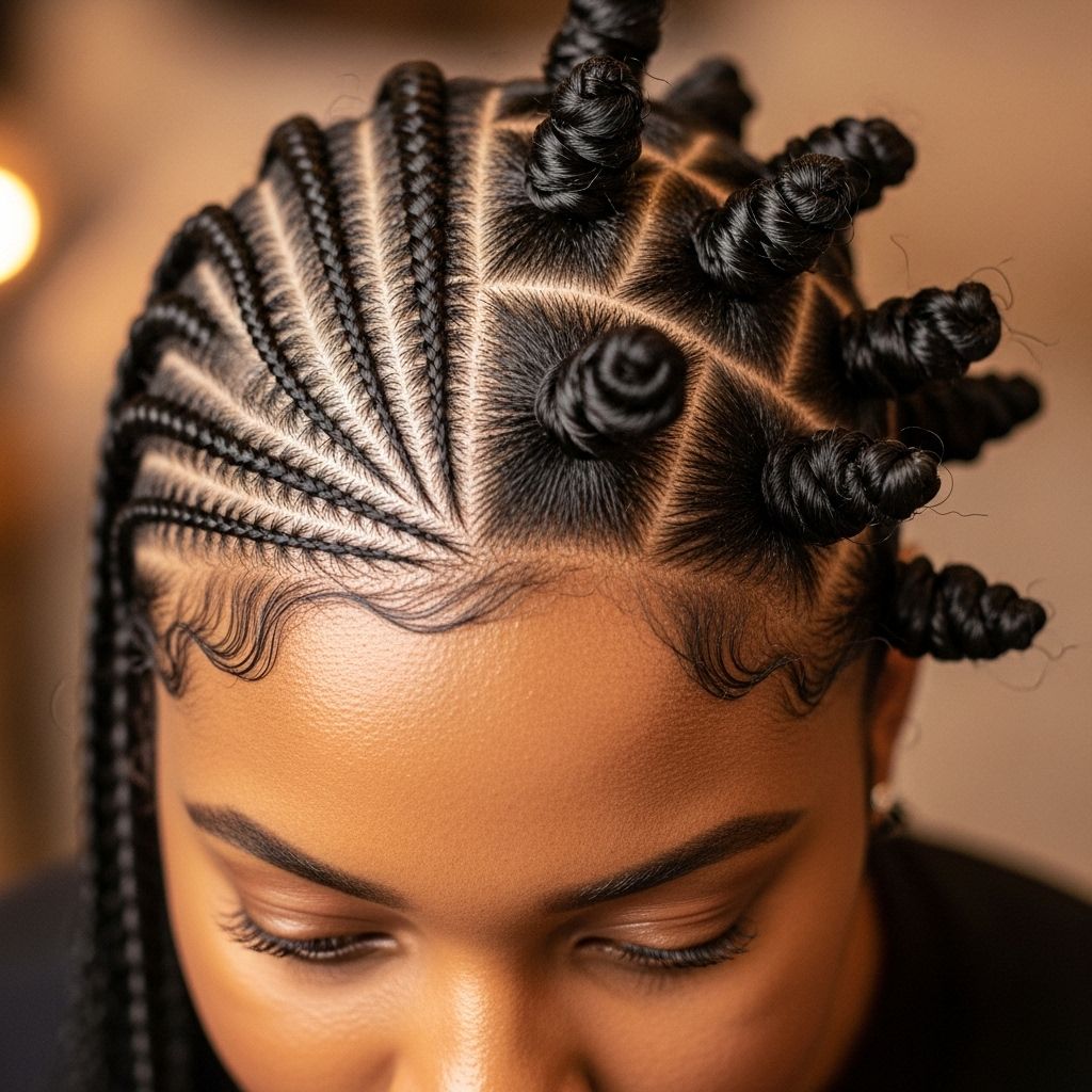 Discover the art of stitch braids with Bantu knot ends—the perfect protective style for bold, beautiful hair.