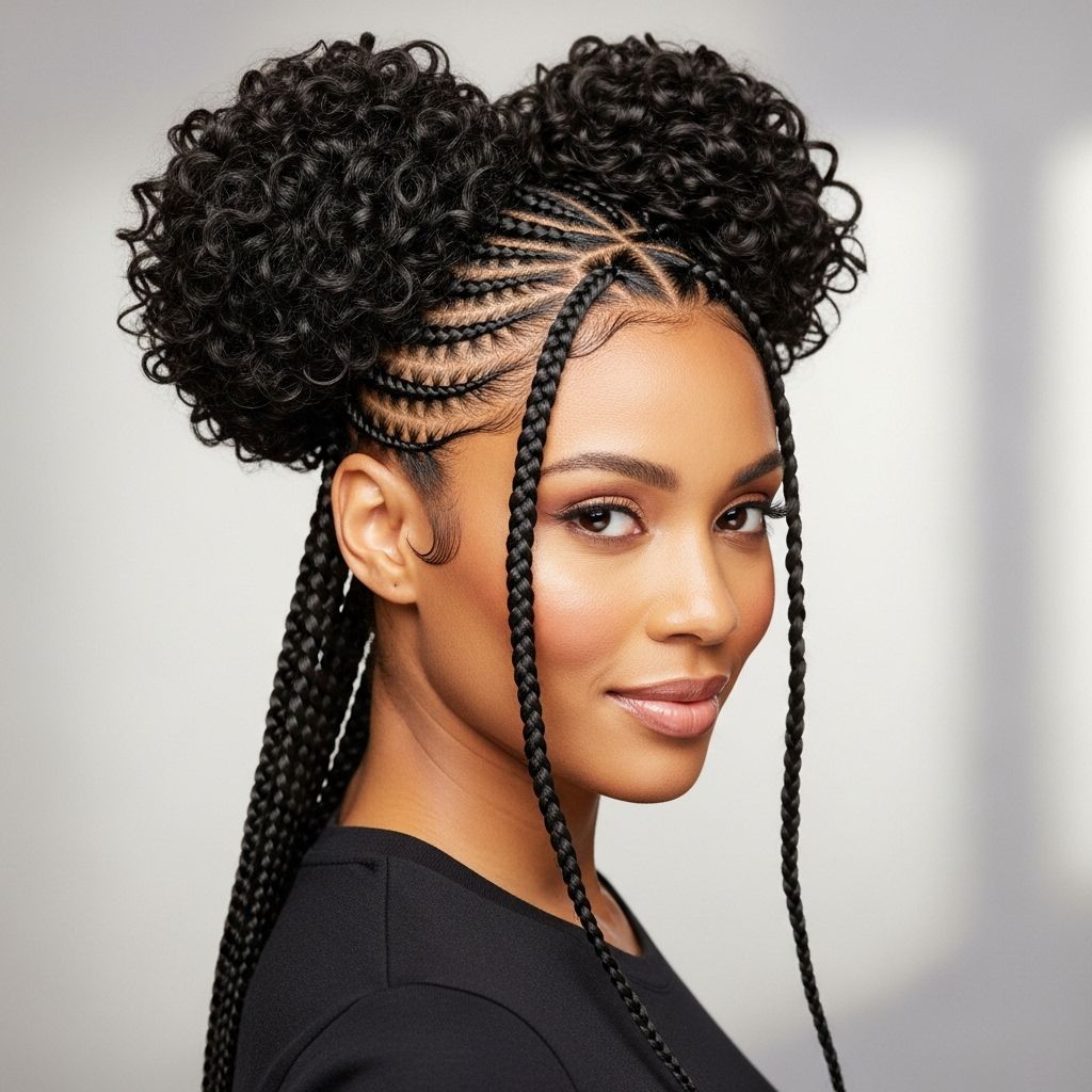 Learn how to master six-stitch braids with curly buns for an eye-catching protective style.