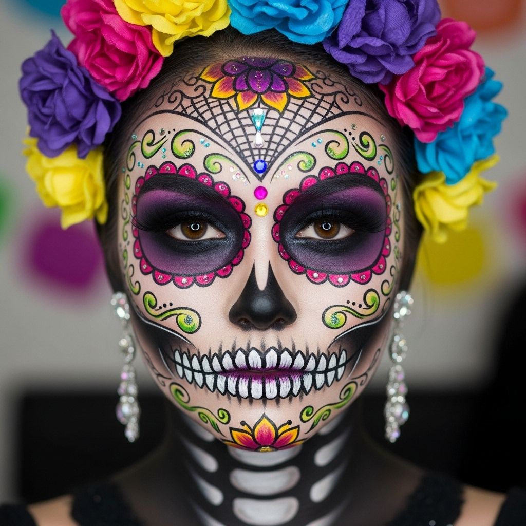 Master the art of sugar skull face paint with this step-by-step guide using easy-to-find products for a bold Día de los Muertos look.