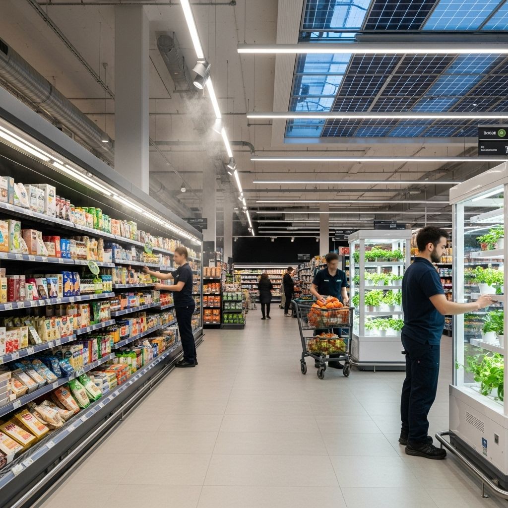 As supermarkets confront climate change, they are reducing emissions, offsetting the rest, and reshaping how food reaches shelves.