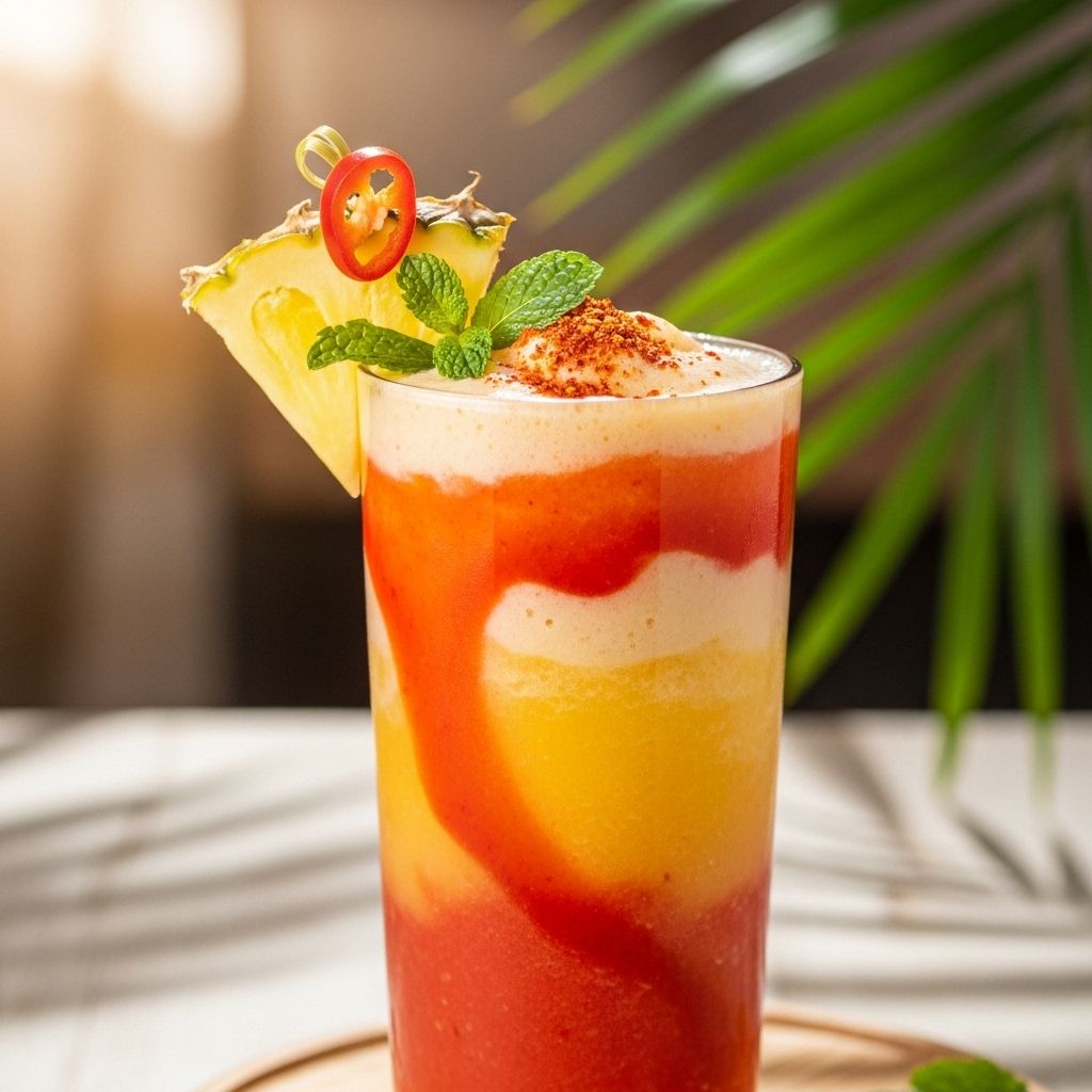Experience the vibrant fusion of sweet fruits and a spicy kick in this nutritious tropical smoothie, perfect for breakfast or a revitalizing snack.