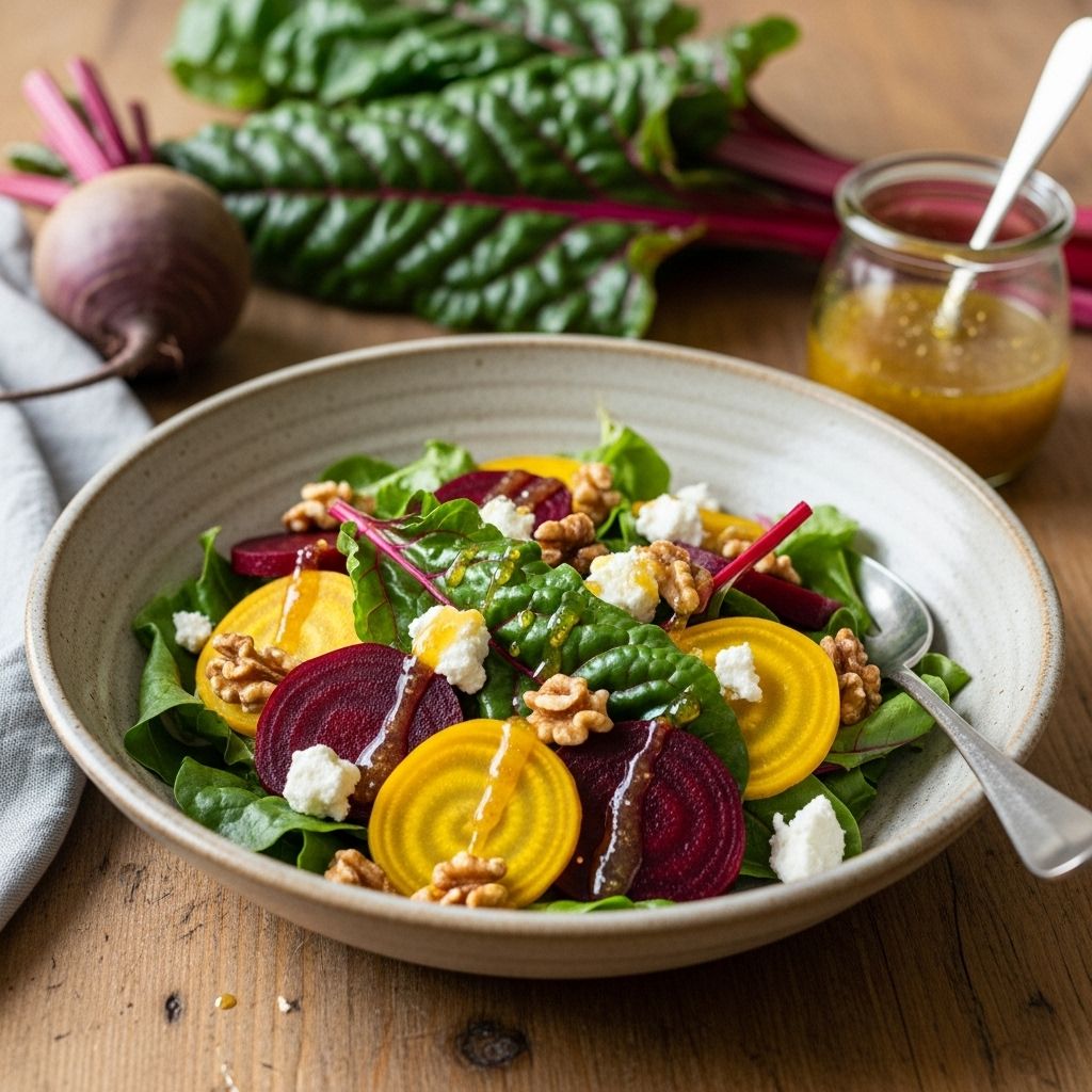 Elevate your salad game with this delicious, nutrient-dense blend of Swiss chard and beets, dressed in a flavor-packed vinaigrette.