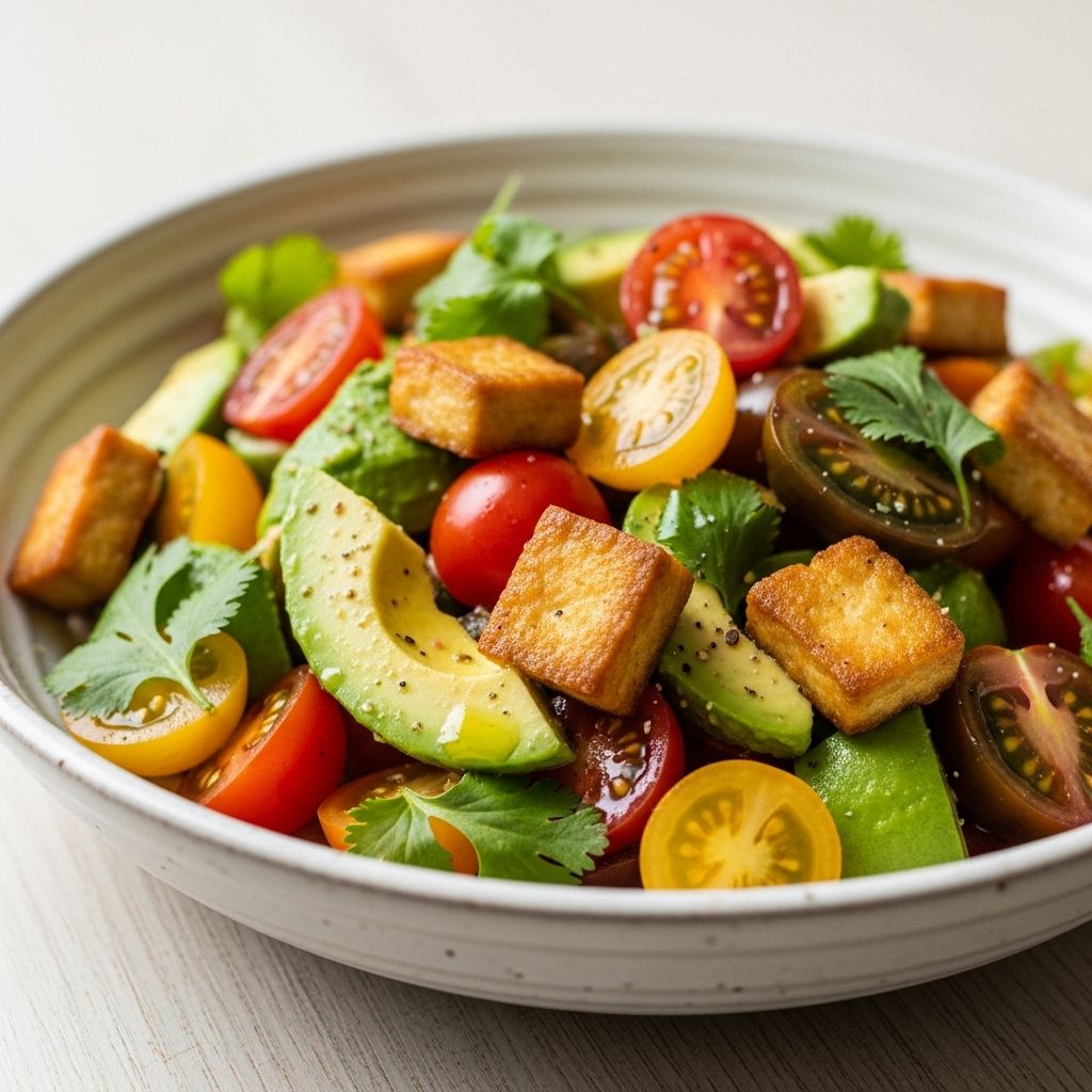 A vibrant, protein-rich salad blending juicy tomatoes, creamy avocado, and crispy tofu for a satisfying plant-based meal.