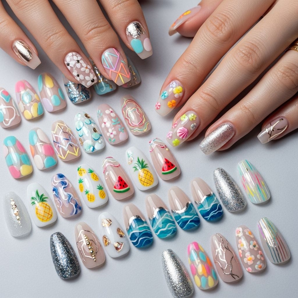 Explore playful fruits, dreamy aura blends, seashore 3D, and mismatched designs for a summer manicure that stands out.