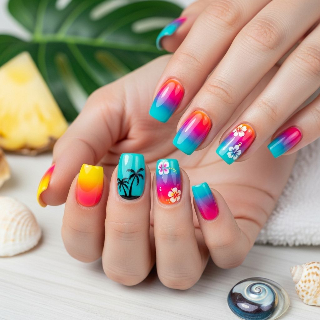Master the gradient ombre technique and add a tropical twist to your nails with this comprehensive, easy-to-follow expert tutorial.