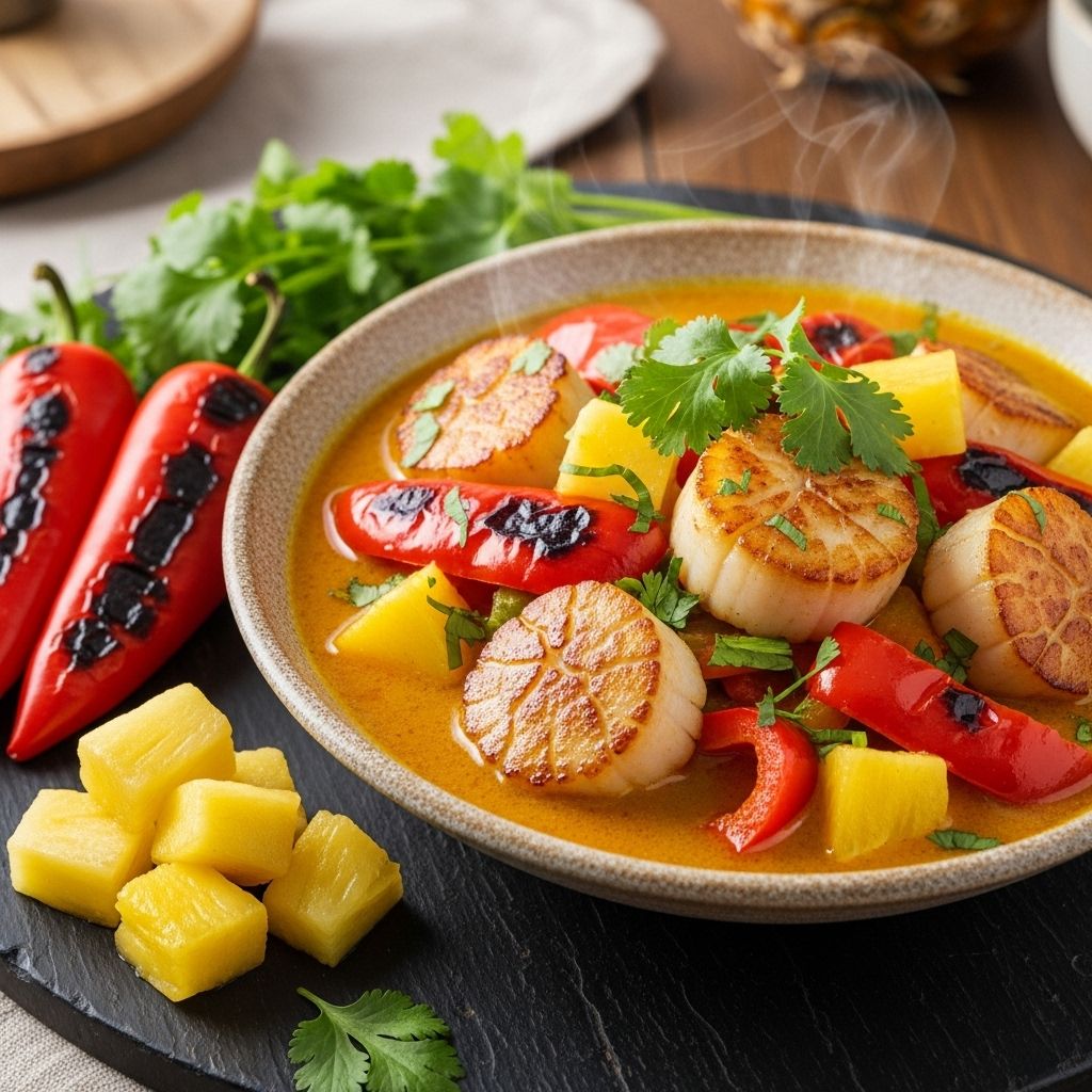 Vegetarian ‘Scallop’ Curry with Fire-Roasted Peppers and Pineapple Wholesome vegetarian 'scallop' curry with coconut, charred peppers, pineapple, and a burst of plant-based flavor.