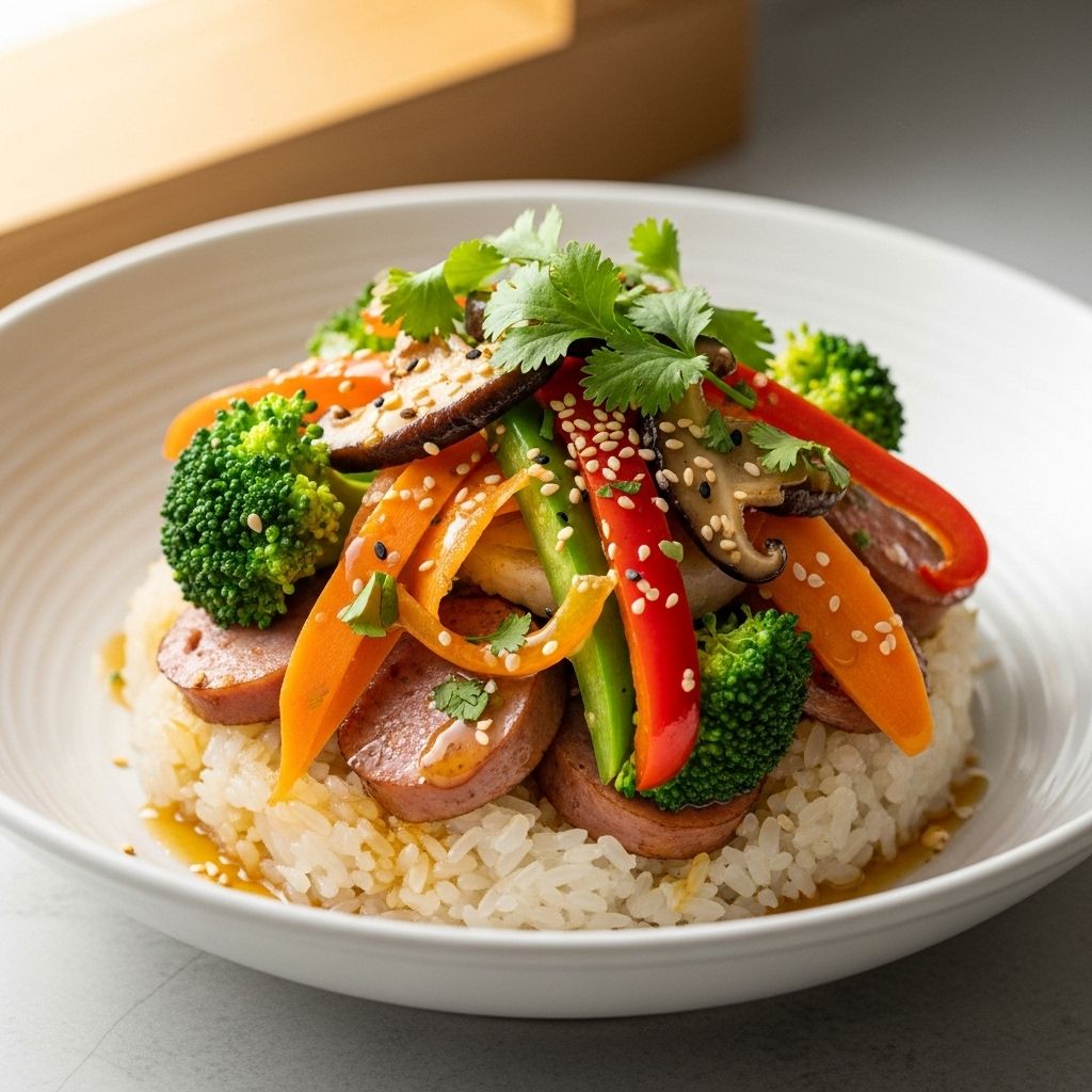 Discover how colorful veggies, savory sausage, and perfectly sticky rice come together for a satisfying, under-500-calorie bowl.