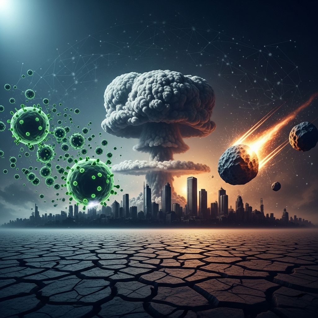 Investigate the major threats that could end civilization, from nuclear war to cosmic events, pandemics, and technological disasters.