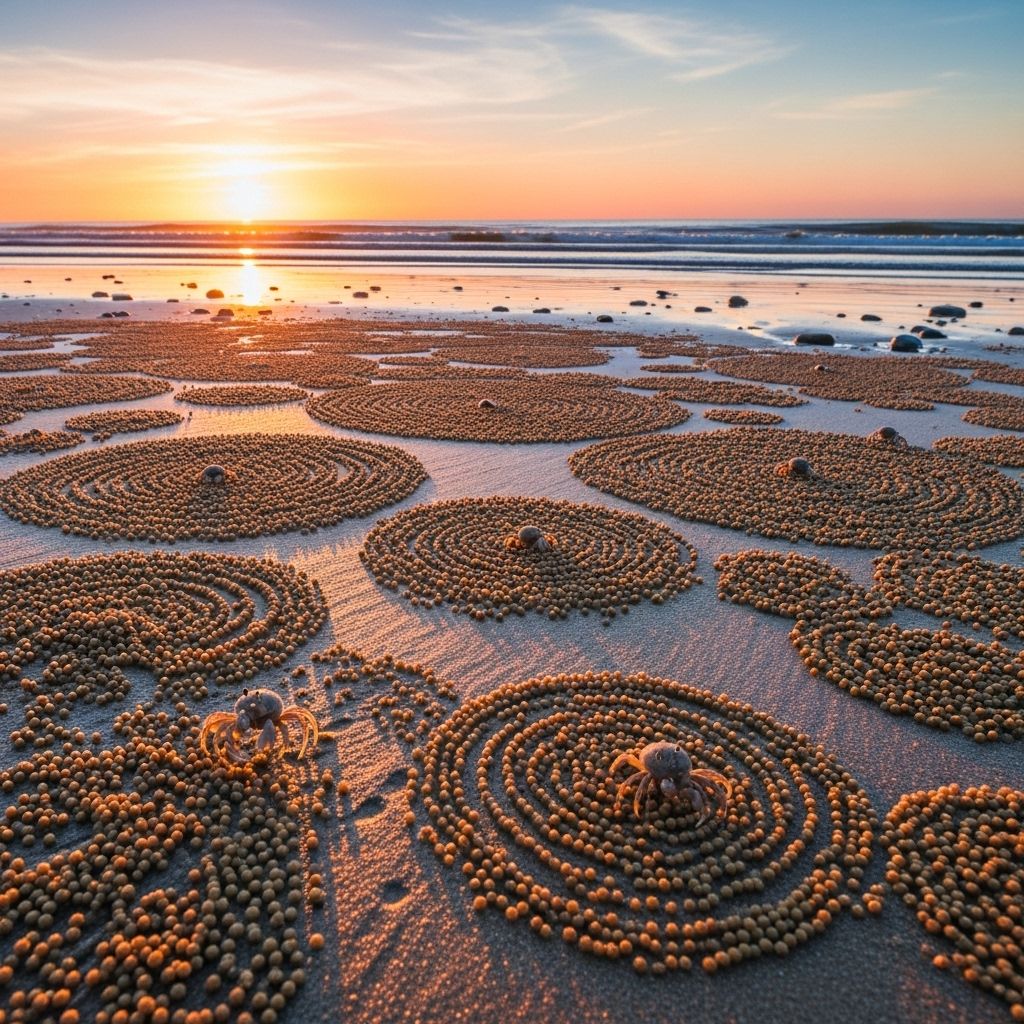 Discover how sand bubbler crabs transform ordinary beaches into ephemeral, natural masterpieces with their feeding rituals.