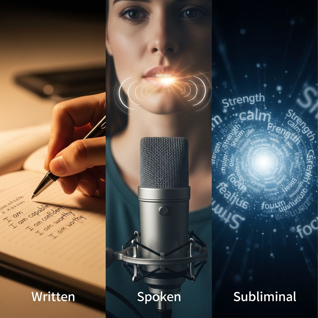 Written vs. Spoken vs. Subliminal Affirmations: Mechanisms, Benefits, and Scientific Foundations Harness writing, speech, and subtle audio cues to make positive self-talk effortless.