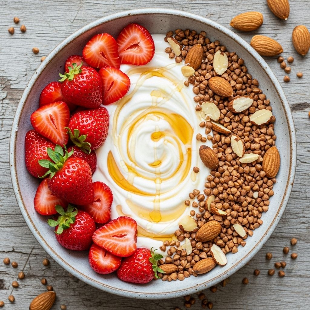 Discover a vibrant, antioxidant-rich breakfast: creamy Greek yogurt topped with strawberries and crunchy almond-buckwheat granola.